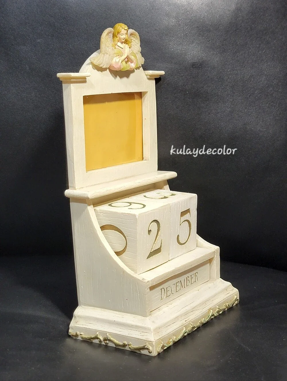 Vintage Praying Angel Perpetual Block Calendar Photo Frame Desk Distressed Decor